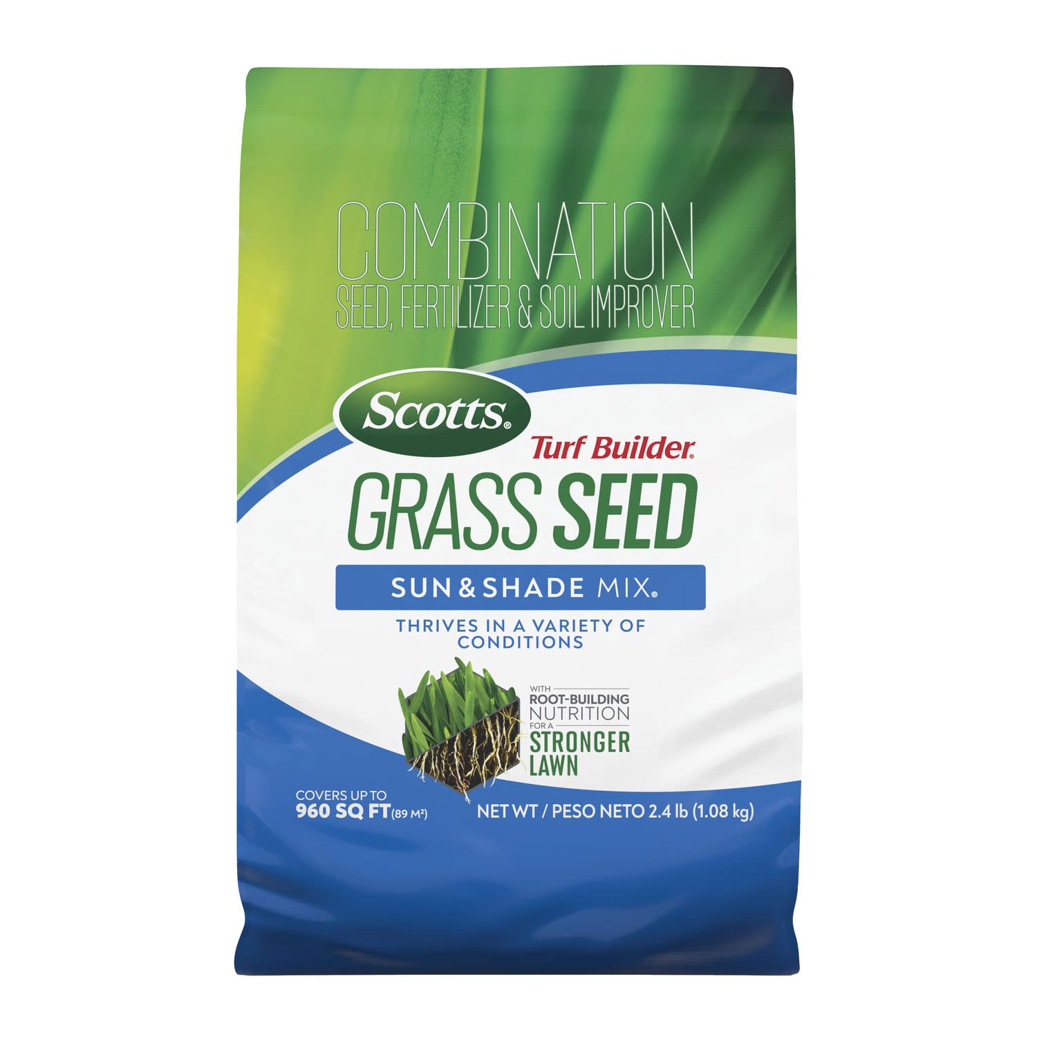 Scotts Turf Builder grass seed sun and shade mix bag closeup, versatile for varied sunlight