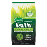 Scotts Turf Builder Healthy Plus bag closeup showing dual-action fungicide and fertilizer