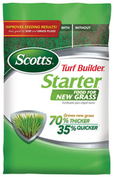 Scotts Turf Builder Starter Fertilizer bag beside a seedling ready for quick growth.