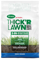 Scotts Turf Builder Thick'R Lawn Sun & Shade seed blend over bare spots for a denser lawn.