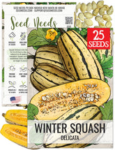 Seed Needs Delicata seeds packet front shows heirloom variety for home gardens.