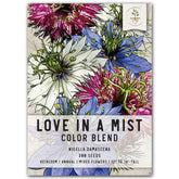 Seed Needs Mixture of Love in a Mist seeds packet illustration, ideal for starting a pollinator garden