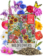 Seed Needs partial shade wildflower seed mix bag shows blooming color in a shaded yard.