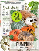 Seed Needs pumpkin seeds spooky blend packaging shows heirloom varieties for a diverse harvest.