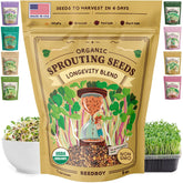 Seedboy Longevity Blend seeds in a compact 8 oz bag for quick, nutrient-rich sprouts.