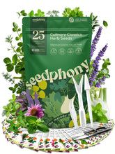 Seedphony 25-culinary-herbs-pack-cover: ready-to-grow seed kit for year-round fresh herbs.