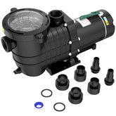 Seeutek 1.5 HP pool pump exterior with dual voltage label for above-ground and inground pools.