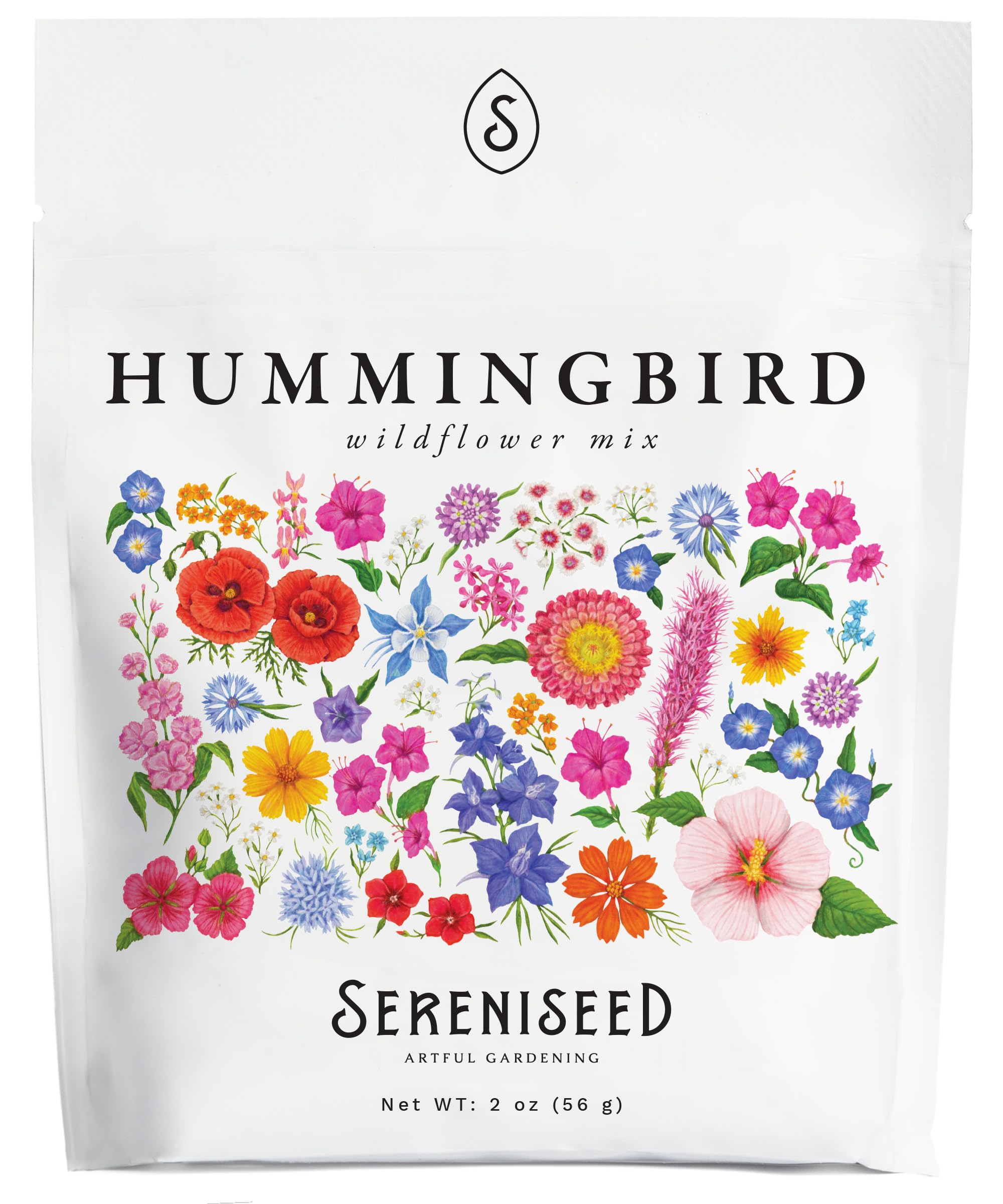 Sereniseed Hummingbird Wildflower Mix seeds in a 2 oz pouch for pollinator-friendly gardens