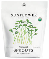 Sereniseed Organic Sunflower Sprout Seeds packaging shows heirloom quality for sprouting.
