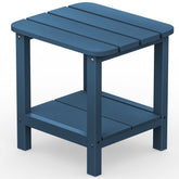 SERWALL Adirondack table blue top view showing sturdy double deck storage.