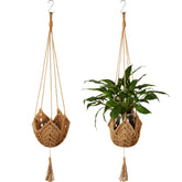 Shappy jute crochet long plant hanger in brown for indoor pots with Boho flair.