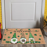 Shemilly St Patrick's Day door mat with shamrock and gnomes welcomes indoors and outdoors