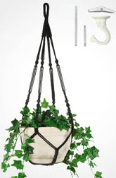 Shineloha black macrame planter hanger close-up showing thick 4mm cotton cord for durability.