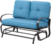 Shintenchi Ocean Blue metal glider bench for two on a sunny patio