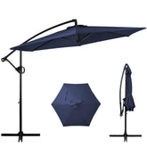 Shintenchi offset umbrella in navy blue provides wide shade for outdoor lounging.