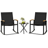 Shintenchi rocking bistro chairs in black provide sturdy porch lounging and relaxed conversations.