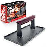 Shop Square cast iron grill press, top view, wide surface for even searing