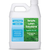Simple Lawn Solutions 15-0-15 bottle close-up showing phosphorus-free lawn formula.