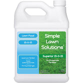 Simple Lawn Solutions 15-0-15 fertilizer bottle for even application and greener turf.