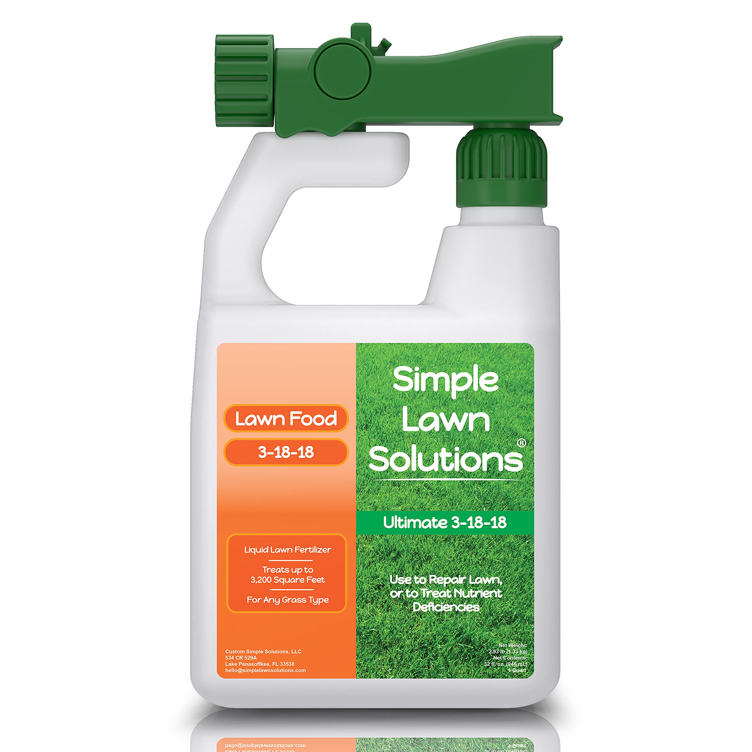 Simple Lawn Solutions 3-18-18 bottle ready for easy lawn feeding to promote root vigor.