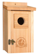 SISTERBIRD cedar bird house with entrance hole attracts bluebirds and wrens for nesting.