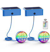 Skairipa solar pool lights glow blue for nighttime swimming.