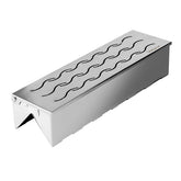 Skyflame smoker box on a grill with hinged lid for easy refills during cooking.