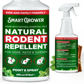 Smart Grower Peppermint Oil Spray bottle demonstrates rodent deterrence with a fresh scent.