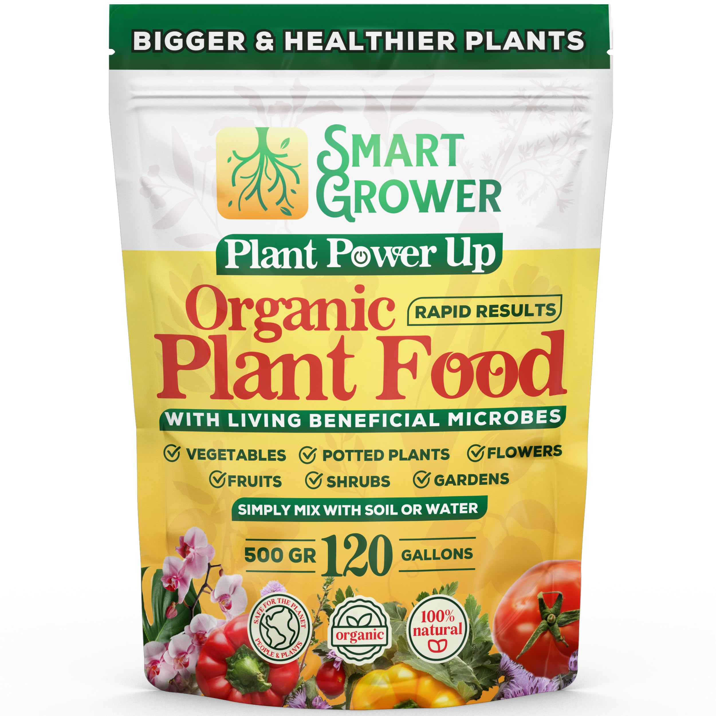 Smart Grower Plant Food bottle label shows a natural blend for healthier indoor and outdoor plants.