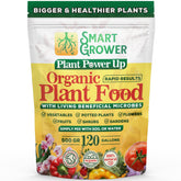 Smart Grower Plant Food bottle label shows a natural blend for healthier indoor and outdoor plants.