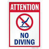 SmartSign Attention No Diving sign front view, durable outdoor pool safety reminder.
