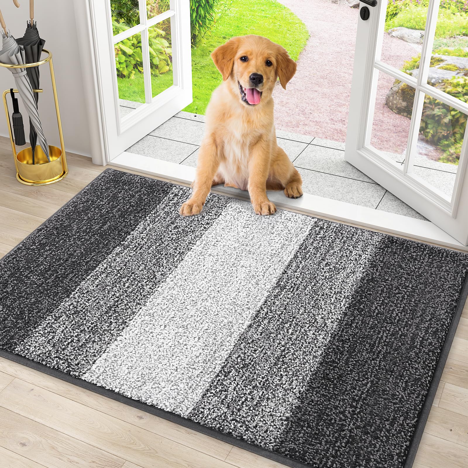 Smiry dog door mat with absorb moisture stripe keeps entry clean.