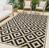 Smiry outdoor rug with geometric pattern offers durable softness for patios and decks.
