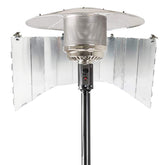 Smokitcen adjustable reflector for patio heater assembly increases heat direction efficiency.