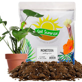 Soil Sunrise Monstera soil mix packaging highlights a premium tropical blend for ready-to-use planting.