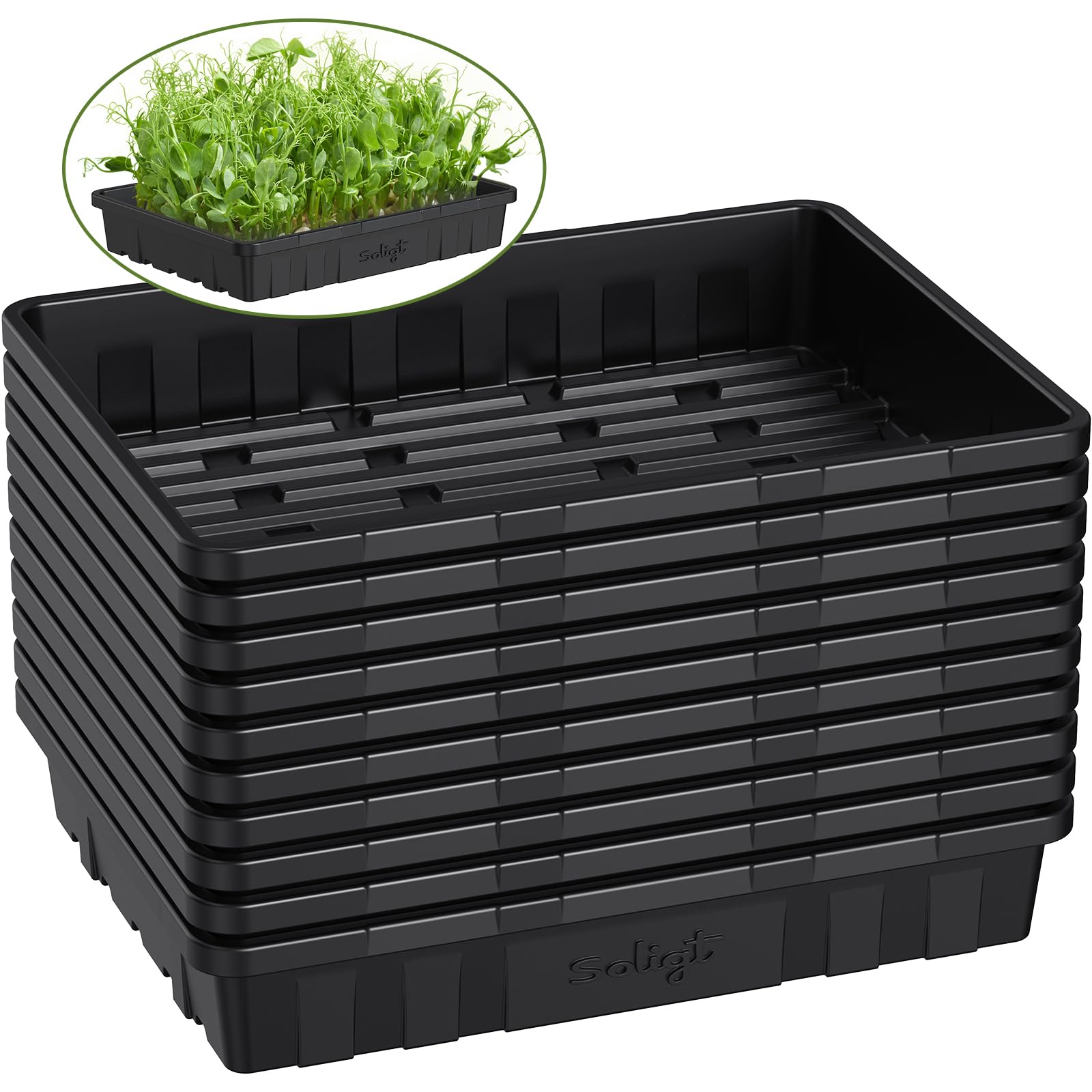 SOLIGT extra thick seed tray front view showing no-hole design for clean seed starting.