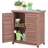 SoliWood outdoor storage cabinet and potting bench in dark brown offers organized garden storage.