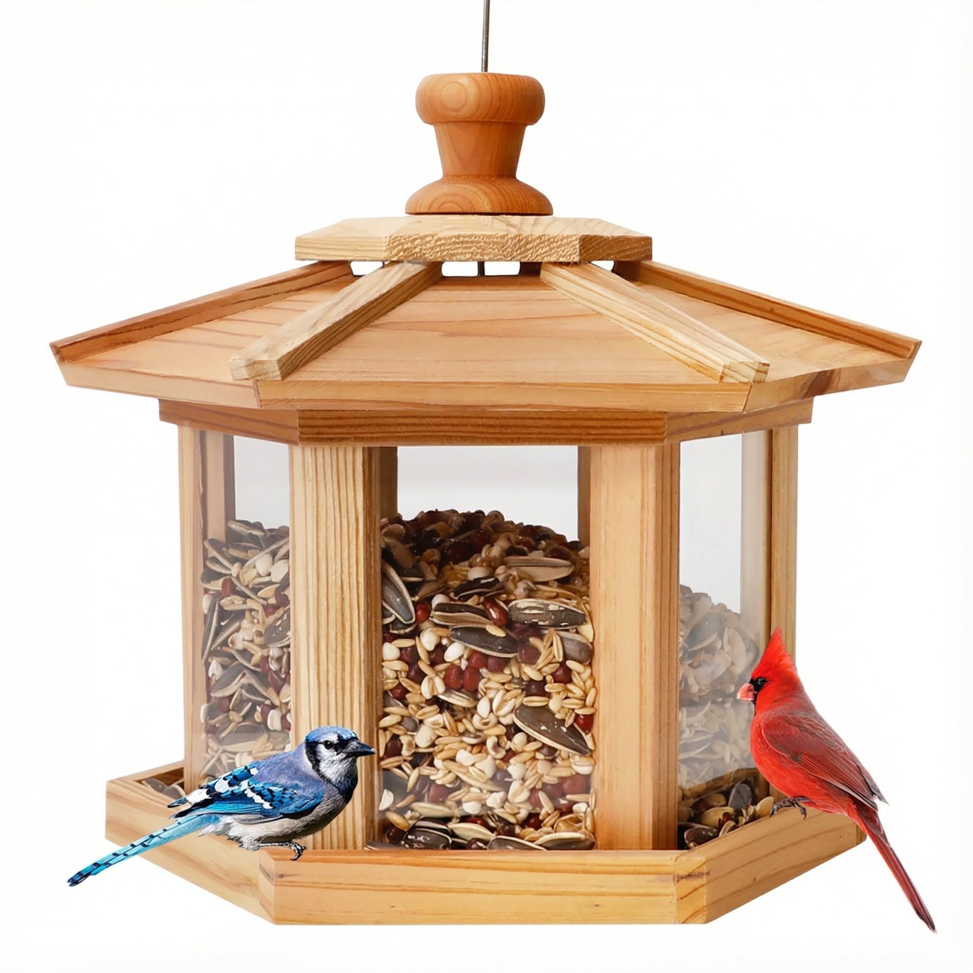 Solution4Patio Bird Feeder cedar gazebo with closeup of the mesh tray promoting dry seeds.