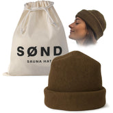 SØND sauna hat front view in merino wool offering heat protection and comfort.