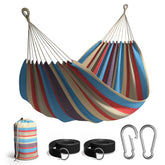 Sorbus Brazilian Double Hammock with blue-sand-purple-red stripes supports two.