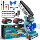 SOUSKY mini chainsaw 6-inch power-on view for quick cuts in the yard