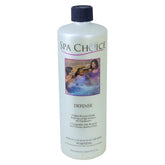 SpaChoice Premium Defense descaler bottle beside a hot tub to prevent scale buildup.