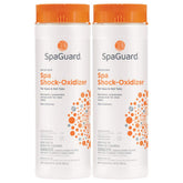 SpaGuard Spa Shock bottle close-up, fast-dissolving oxidizer for clear, balanced spa water.