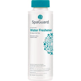 SpaGuard Water Freshener bottle cap demonstrates simple dosing for odor-free spa water.