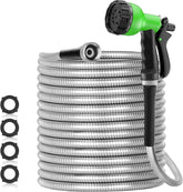 SPECILITE 150ft stainless-steel garden hose demonstrates lasting durability for yard watering.
