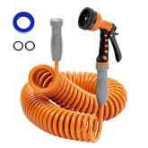 SPECILITE 50 ft coil hose retracts for space-saving storage and quick watering.