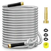 SPECILITE 50 ft stainless steel garden hose outer shell showing rust-resistant metal design