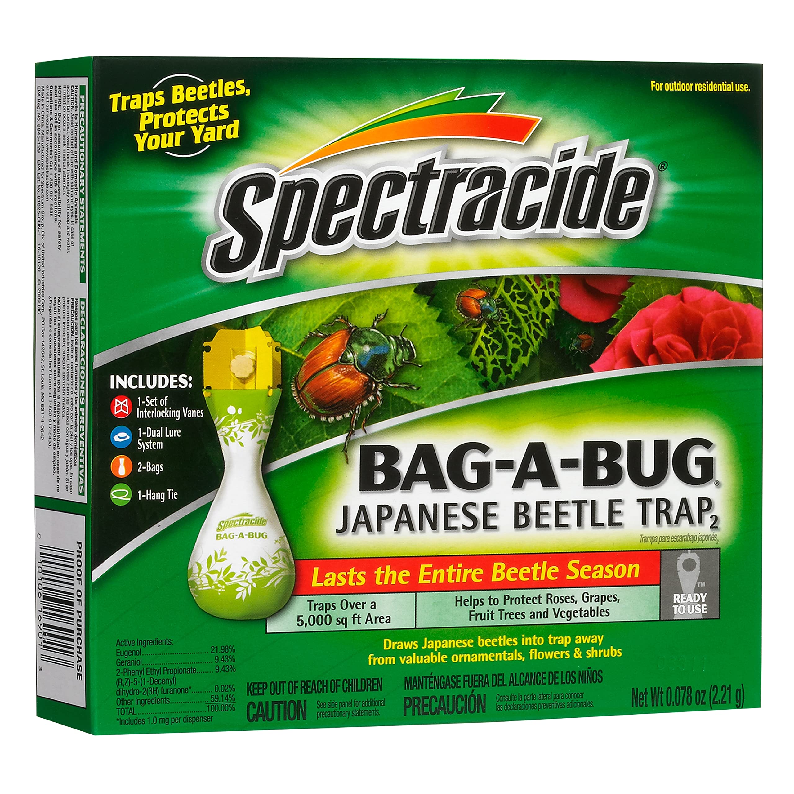 Spectracide Bag-A-Bug Trap 2 captures Japanese beetles, helping protect flowers and shrubs