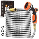 SPRIKIR Metal Garden Hose 100ft shows extended reach for yards and gardens.