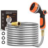 SPRIKIR metal garden hose 25ft arching around a flower bed for easy watering.